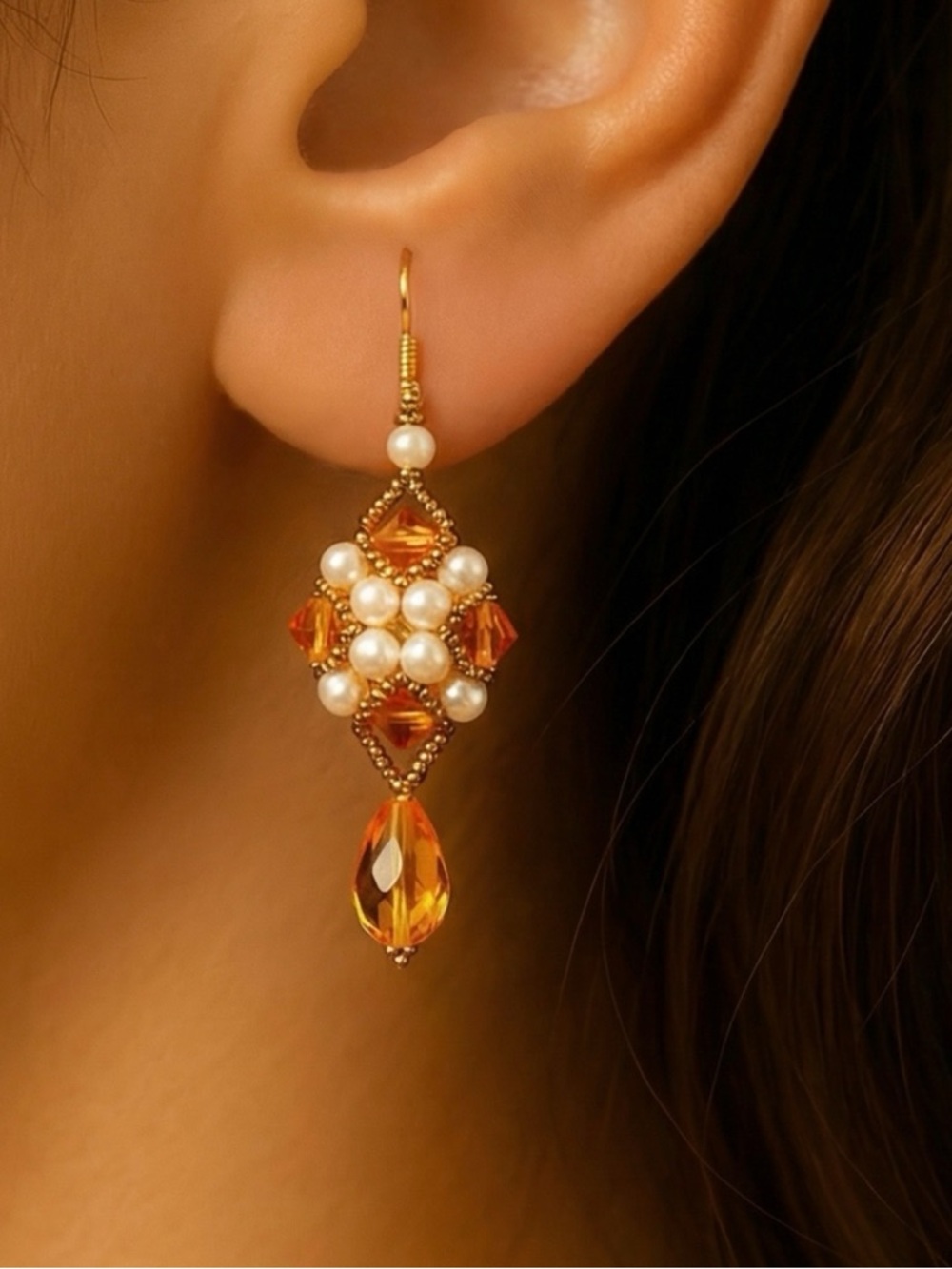 Gold Pearl and Amber Crystal Drop Earrings - Elegant Women’s Dangle